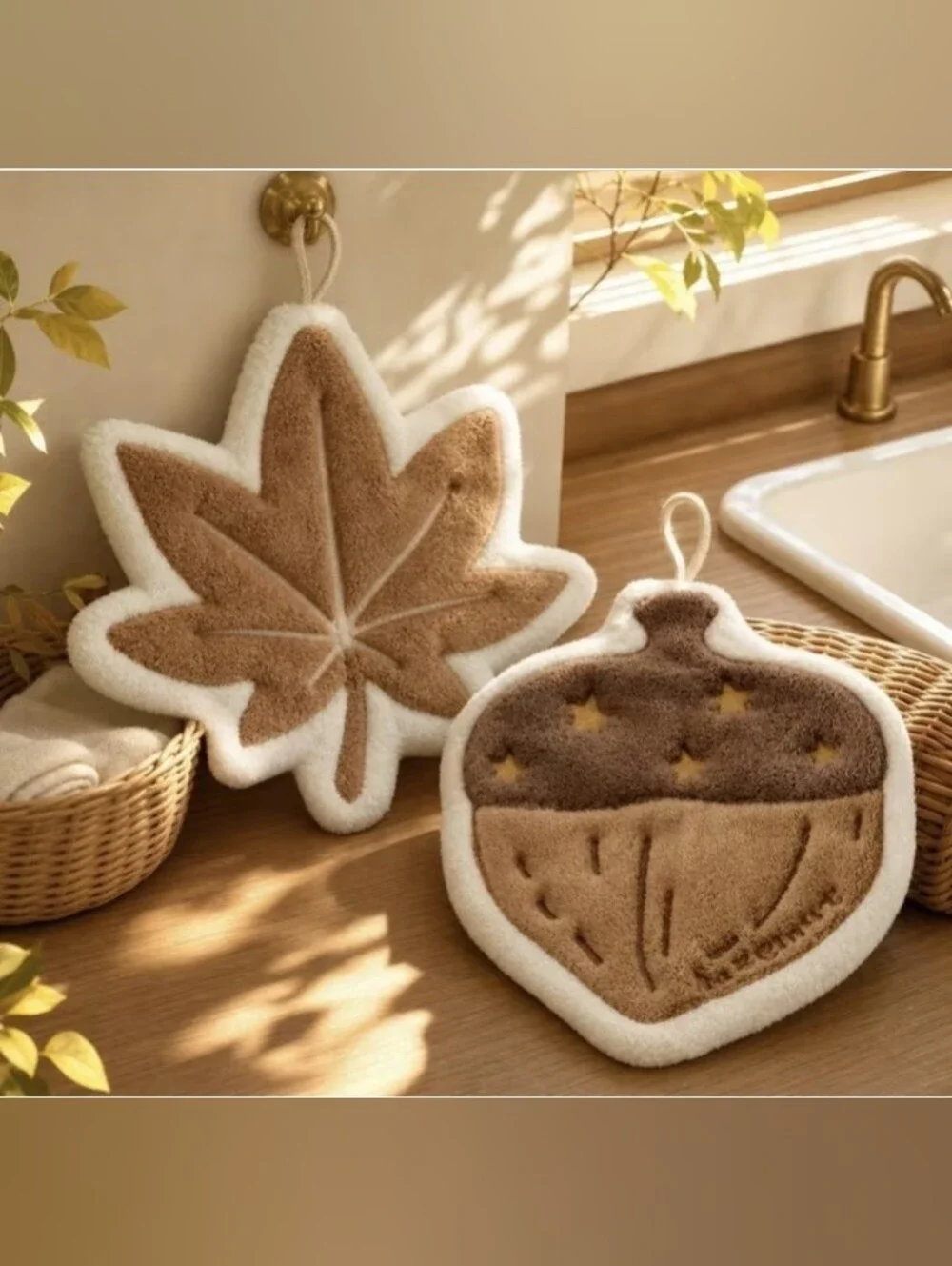 2 Pc Autumn Fall Hand Towel Set Plush Leaf Acorn Kitchen Bath Decor